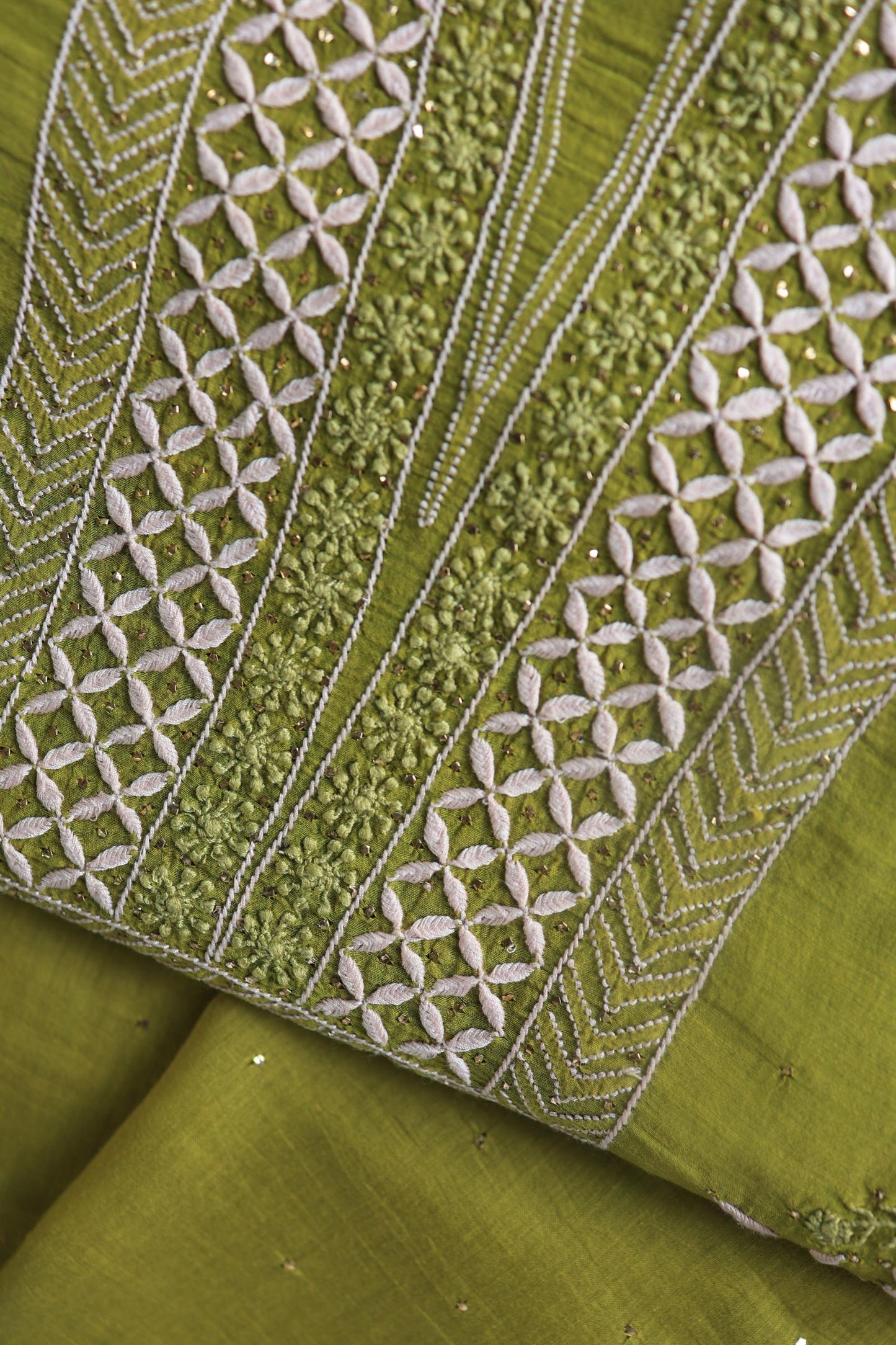 Mehndi Green Mal Cotton Fine Chikankari With Kamdani Work Unstitched Fabric