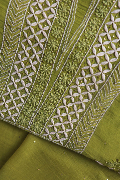 Mehndi Green Mal Cotton Fine Chikankari With Kamdani Work Unstitched Fabric