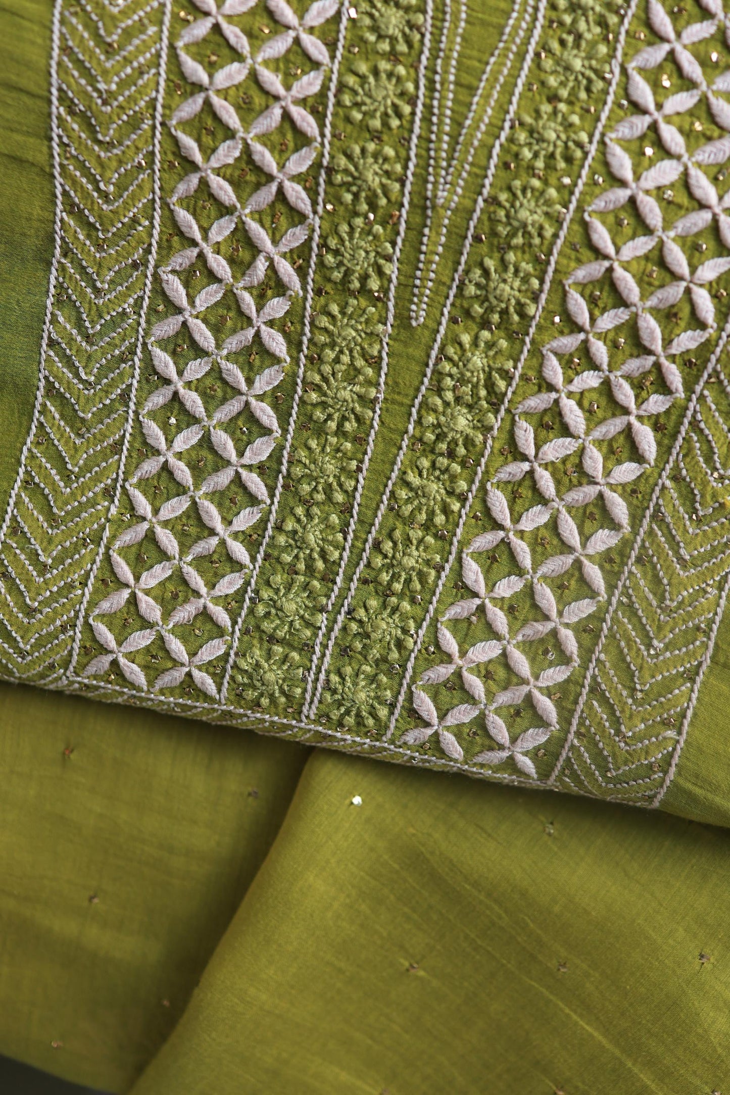 Mehndi Green Mal Cotton Fine Chikankari With Kamdani Work Unstitched Fabric