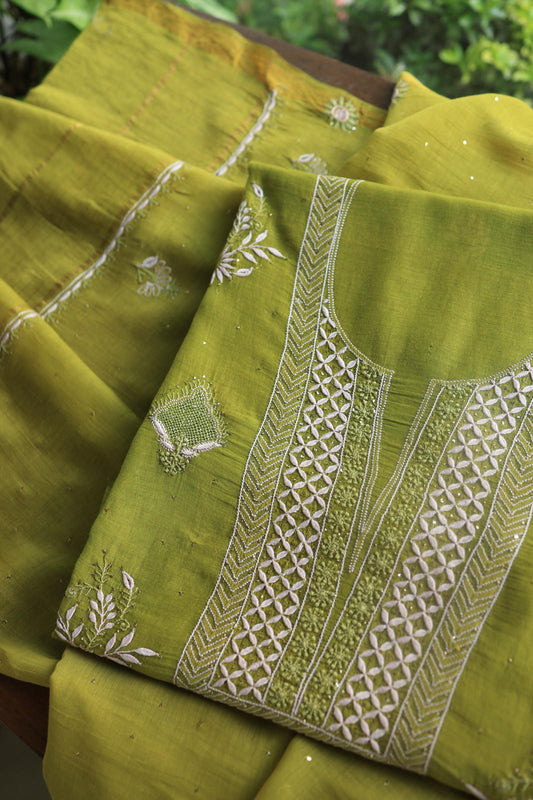 Mehndi Green Mal Cotton Fine Chikankari With Kamdani Work Unstitched Fabric