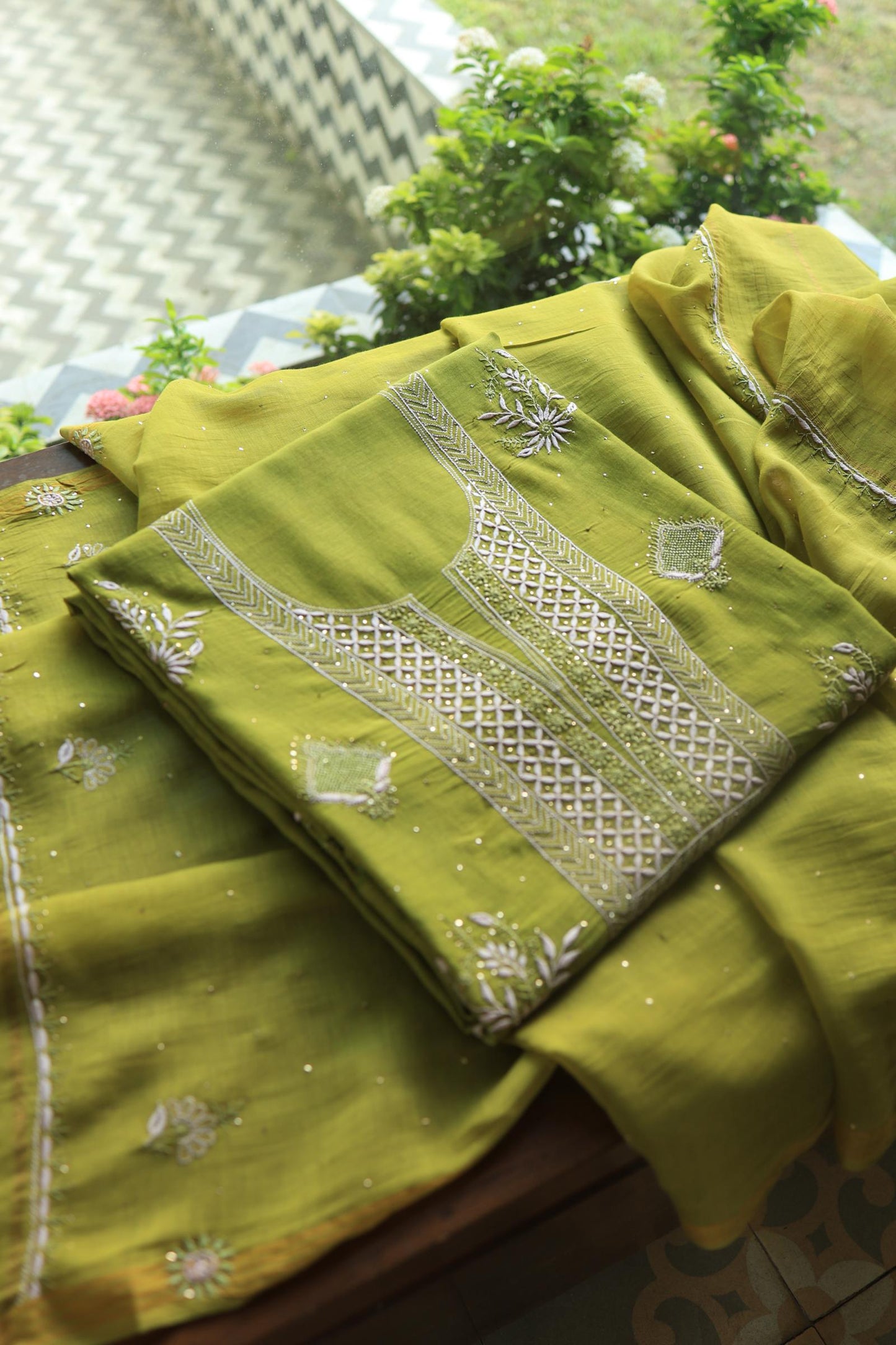 Mehndi Green Mal Cotton Fine Chikankari With Kamdani Work Unstitched Fabric