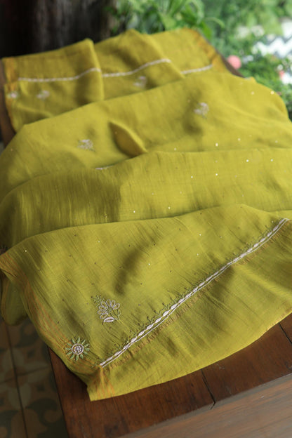 Mehndi Green Mal Cotton Fine Chikankari With Kamdani Work Unstitched Fabric