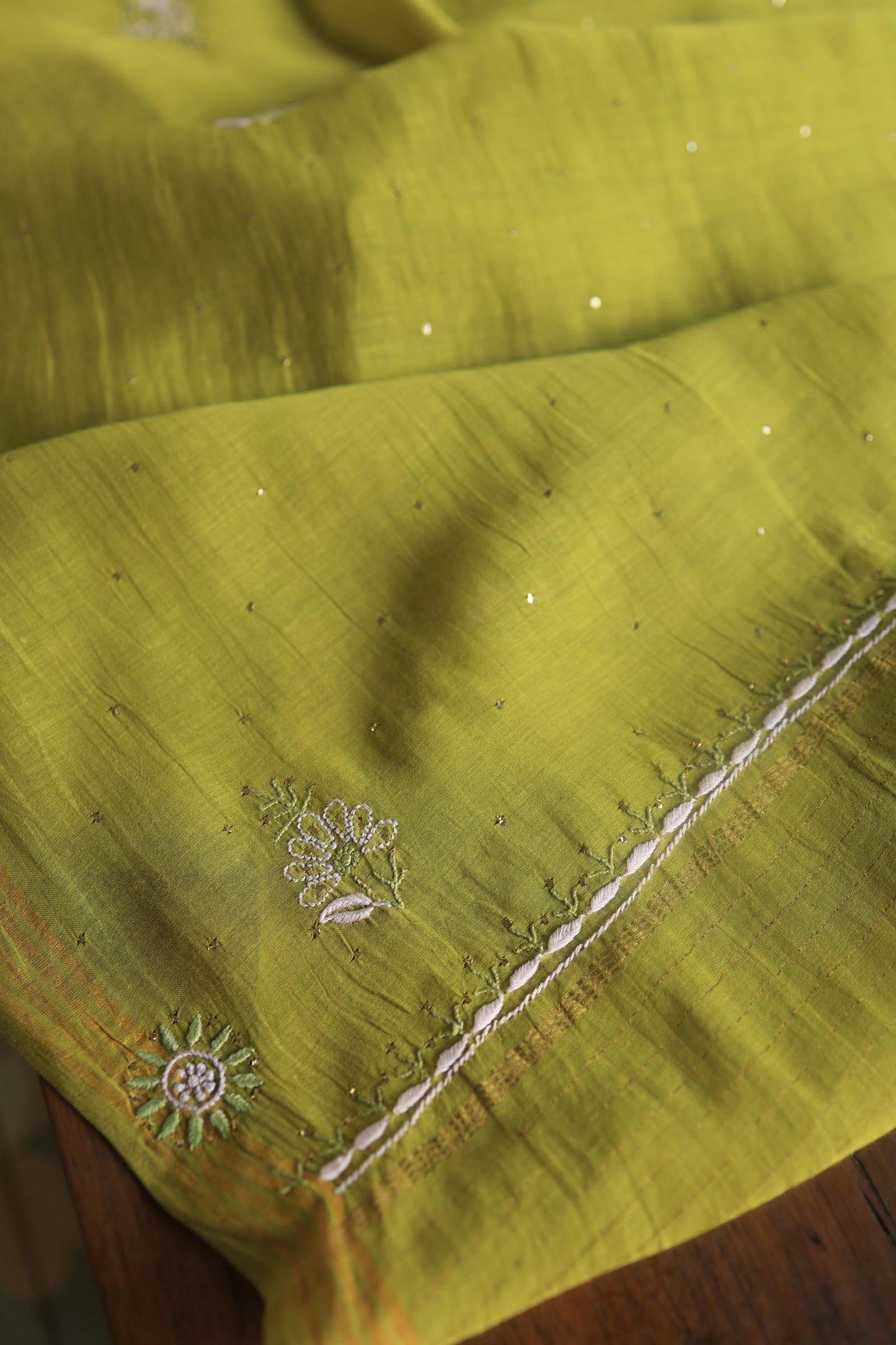 Mehndi Green Mal Cotton Fine Chikankari With Kamdani Work Unstitched Fabric