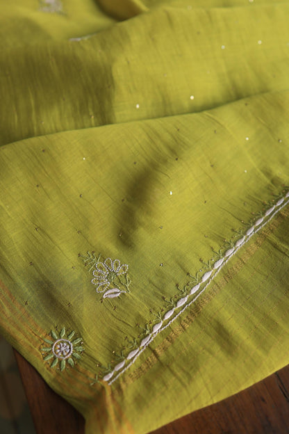 Mehndi Green Mal Cotton Fine Chikankari With Kamdani Work Unstitched Fabric