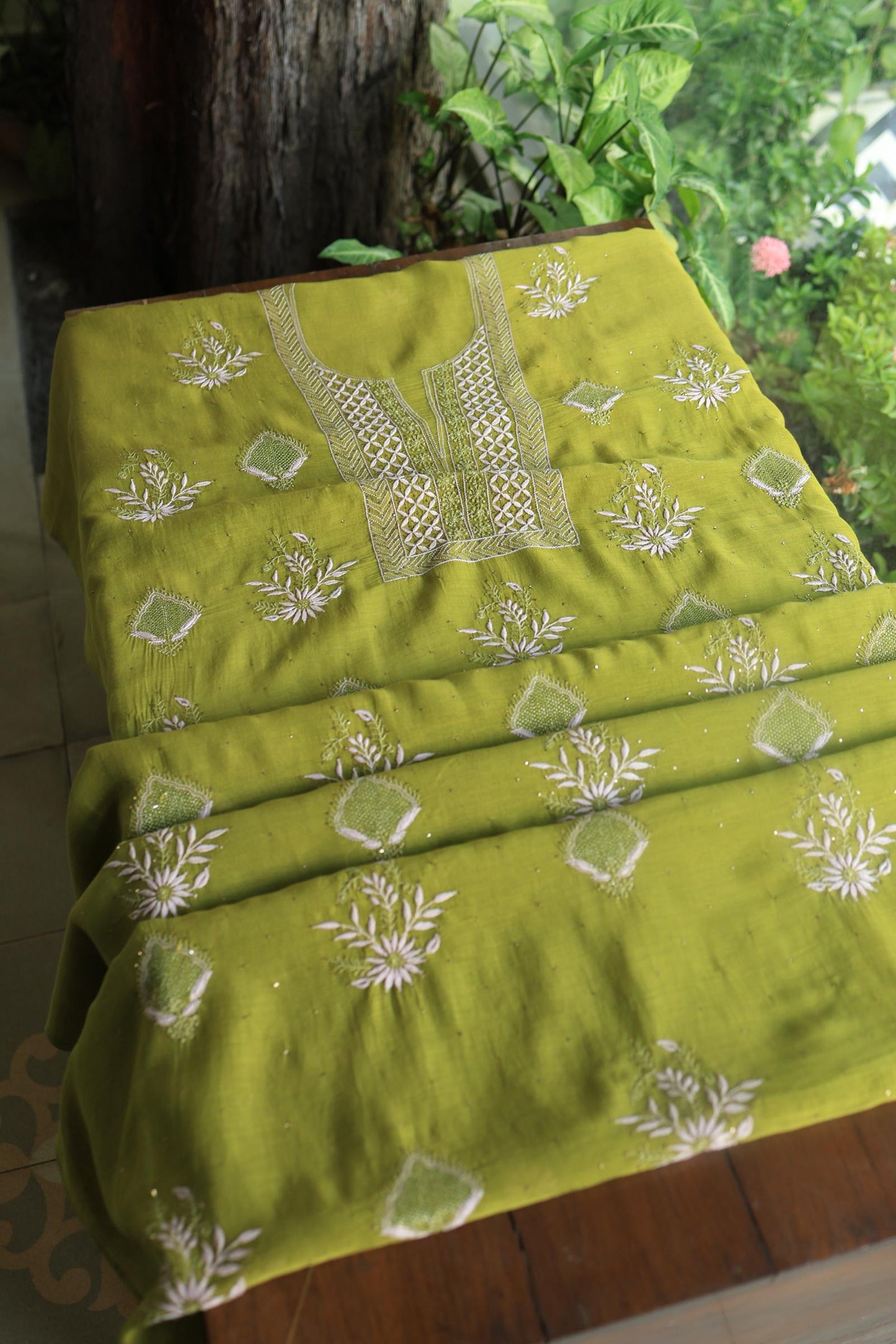 Mehndi Green Mal Cotton Fine Chikankari With Kamdani Work Unstitched Fabric