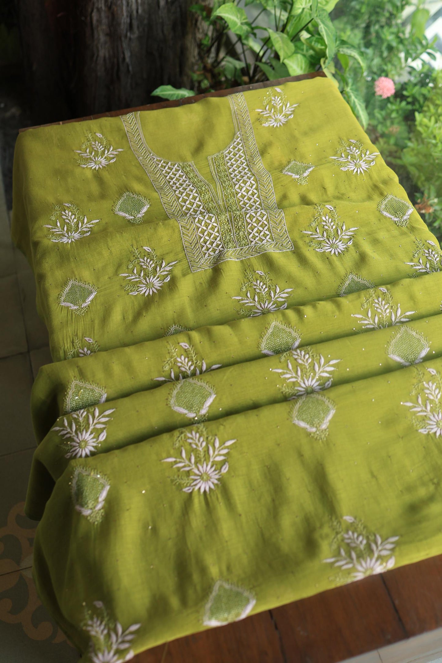 Mehndi Green Mal Cotton Fine Chikankari With Kamdani Work Unstitched Fabric
