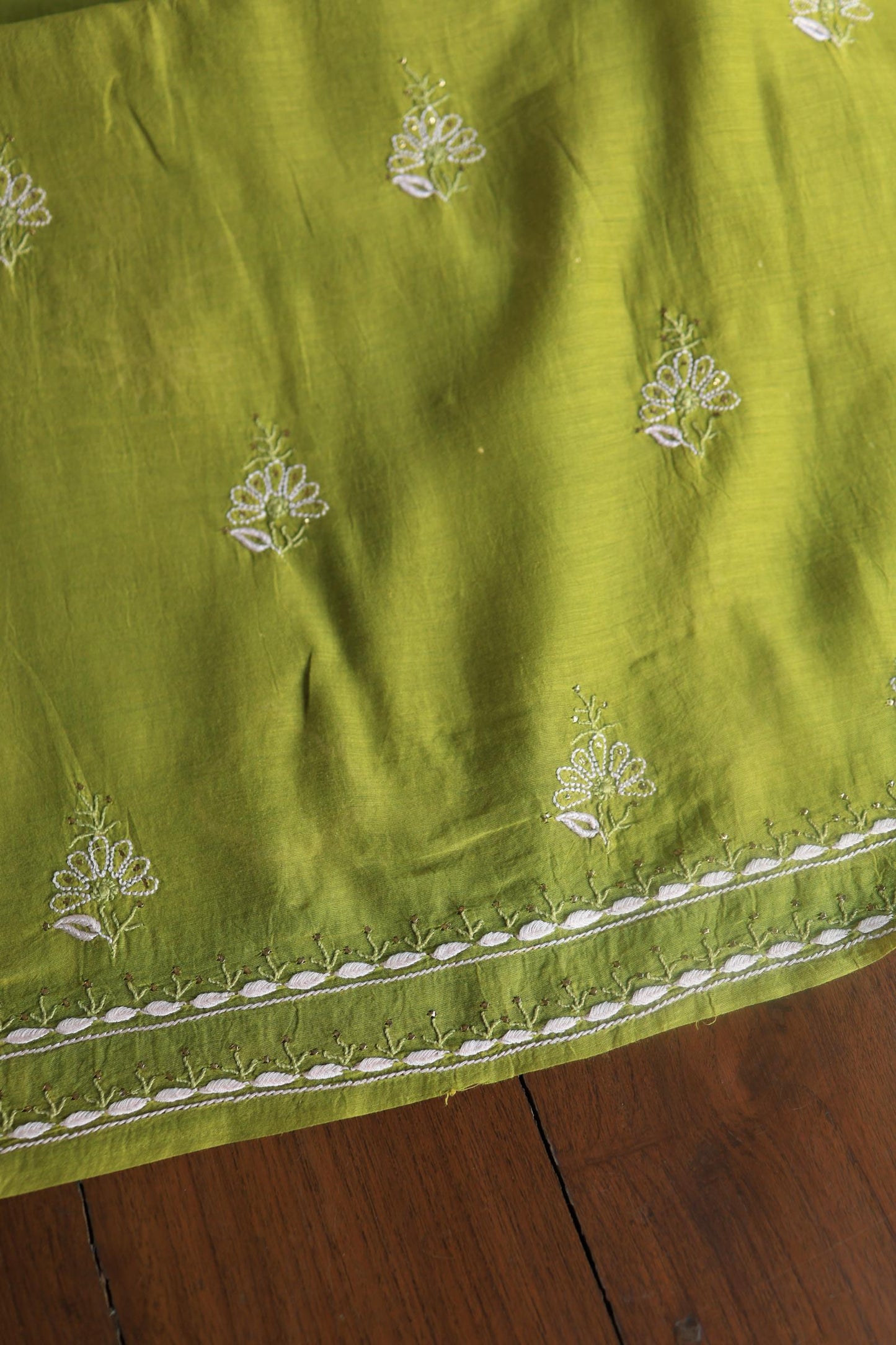 Mehndi Green Mal Cotton Fine Chikankari With Kamdani Work Unstitched Fabric