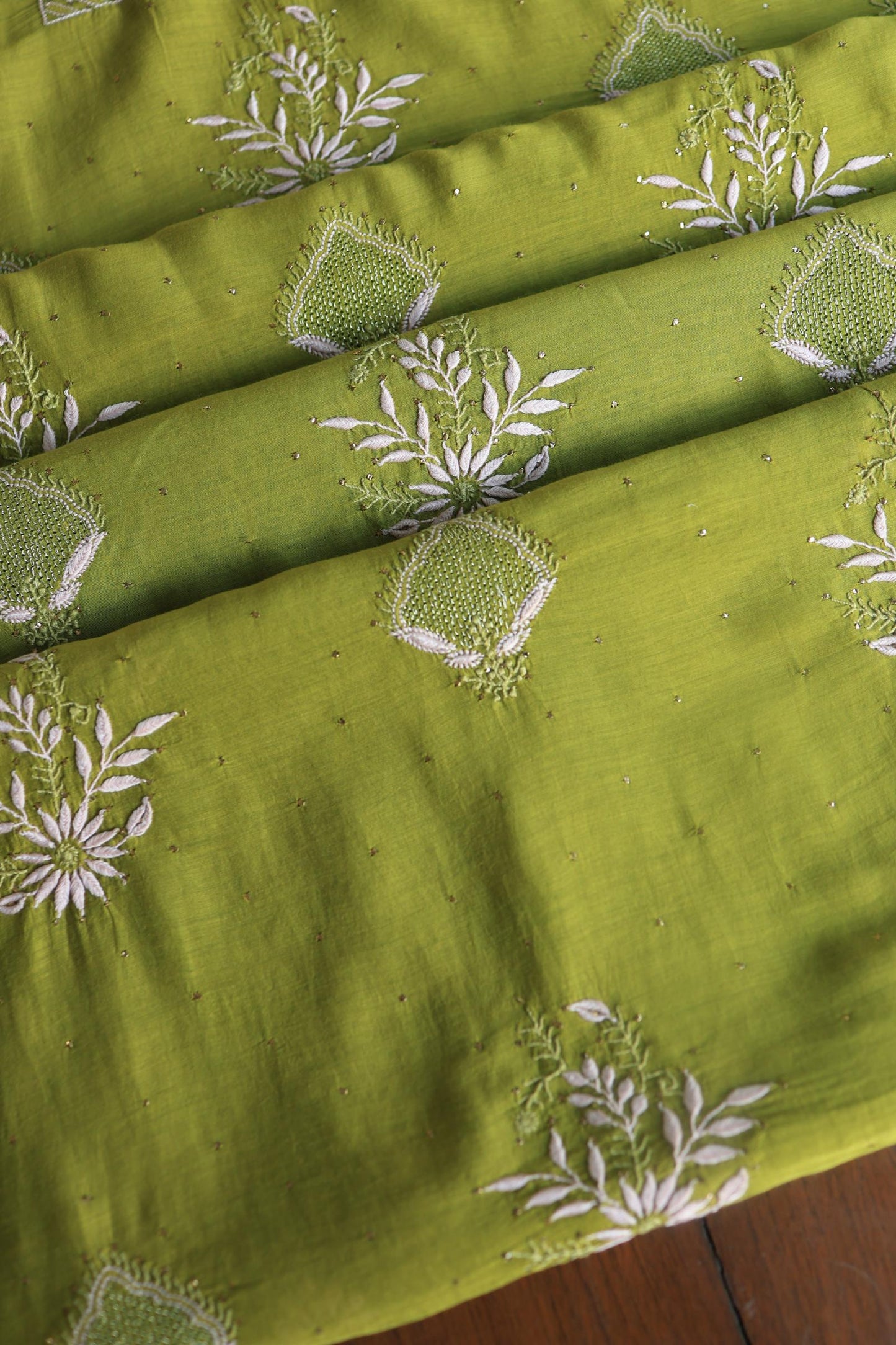 Mehndi Green Mal Cotton Fine Chikankari With Kamdani Work Unstitched Fabric