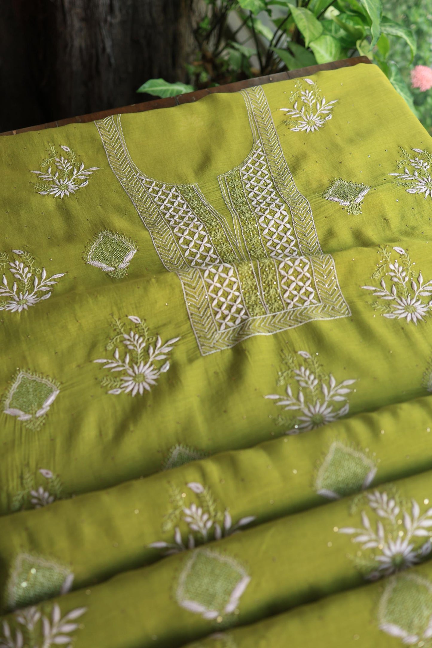 Mehndi Green Mal Cotton Fine Chikankari With Kamdani Work Unstitched Fabric