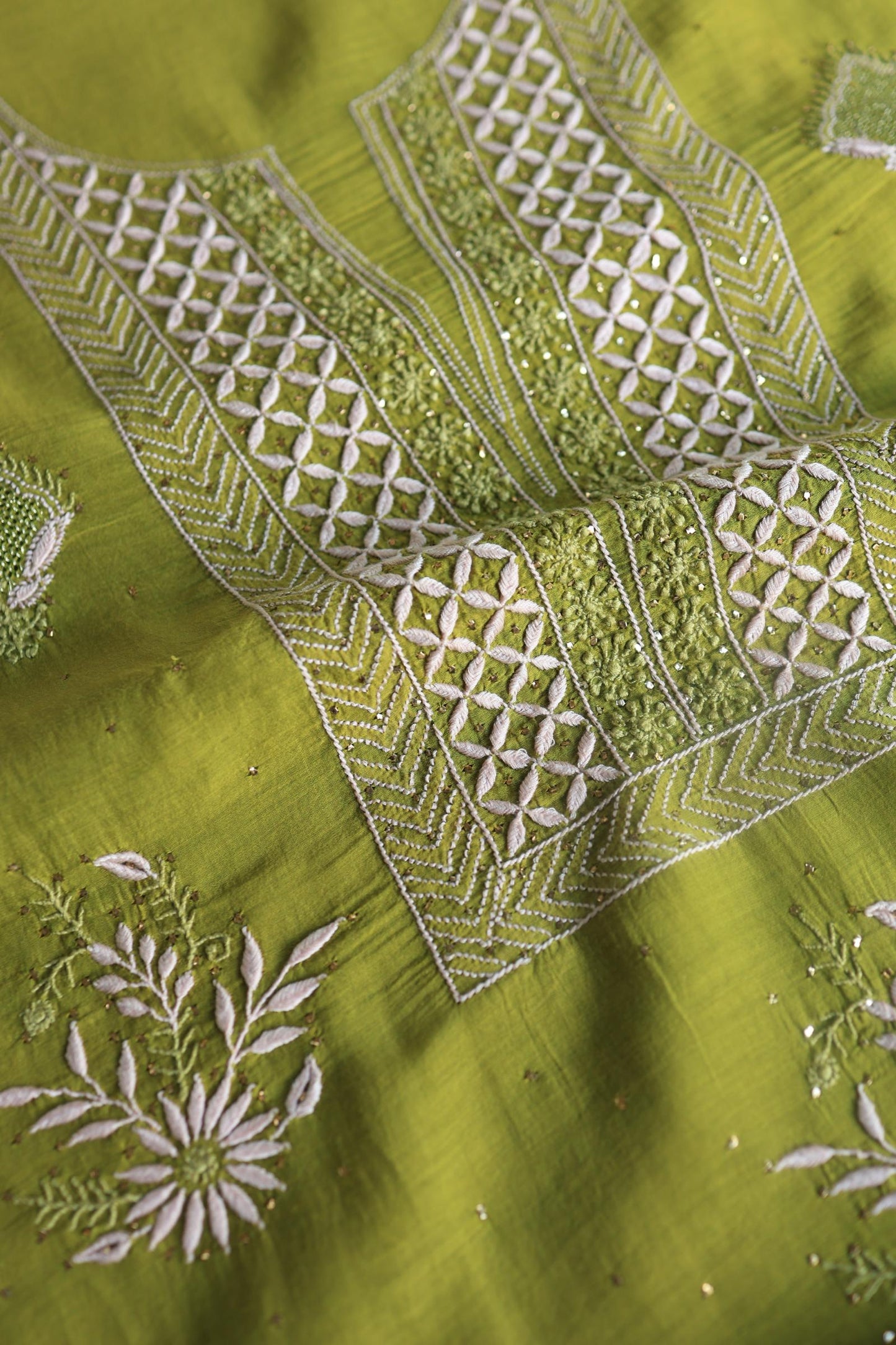 Mehndi Green Mal Cotton Fine Chikankari With Kamdani Work Unstitched Fabric