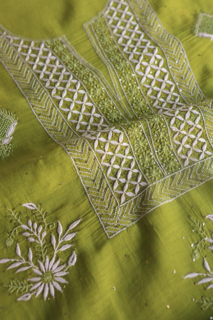 Mehndi Green Mal Cotton Fine Chikankari With Kamdani Work Unstitched Fabric