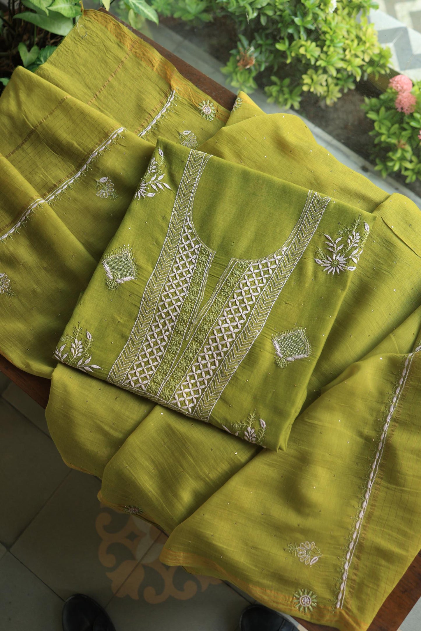 Mehndi Green Mal Cotton Fine Chikankari With Kamdani Work Unstitched Fabric