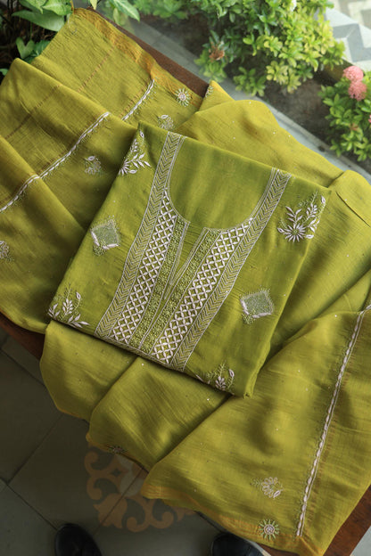 Mehndi Green Mal Cotton Fine Chikankari With Kamdani Work Unstitched Fabric