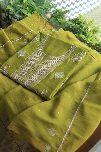 Mehndi Green Mal Cotton Fine Chikankari With Kamdani Work Unstitched Fabric