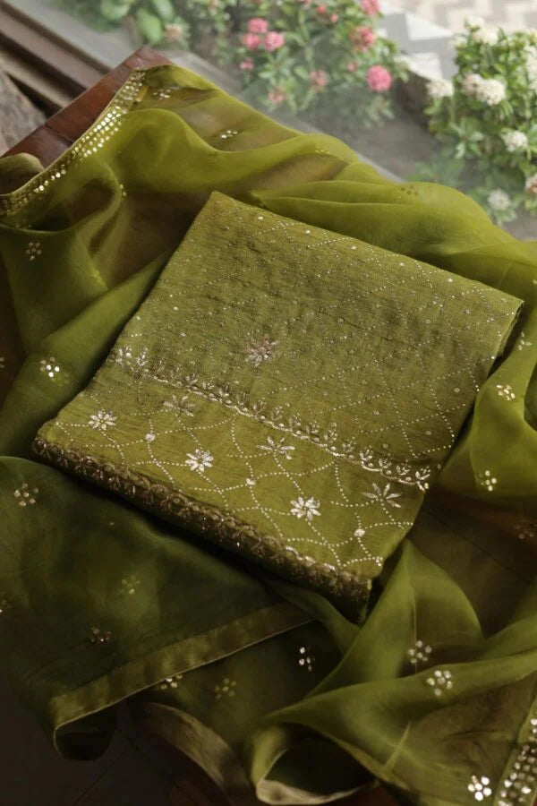 Mehndi Green Roheen Tissue Silk Chikankari Fabrics