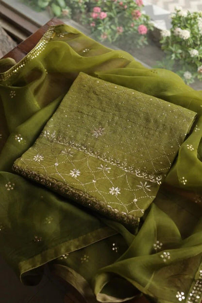 Mehndi Green Roheen Tissue Silk Chikankari Fabrics