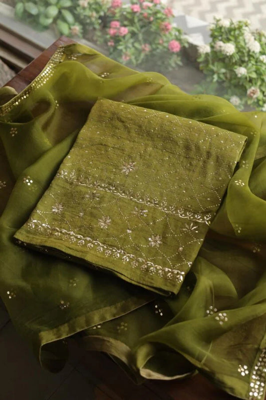 Mehndi Green Roheen Tissue Silk Chikankari Fabrics