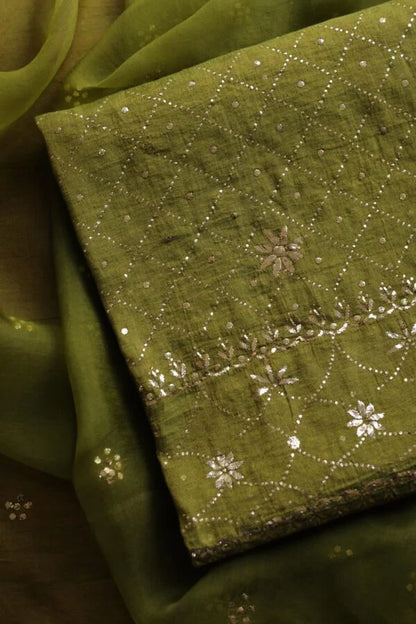 Mehndi Green Roheen Tissue Silk Chikankari Fabrics