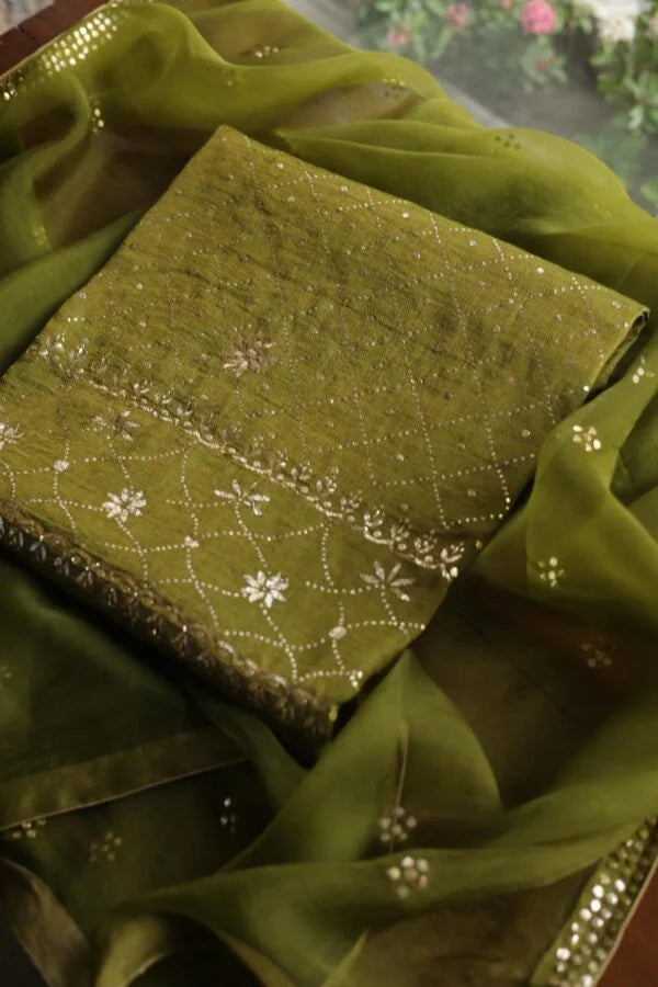 Mehndi Green Roheen Tissue Silk Chikankari Fabrics