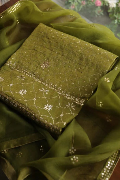 Mehndi Green Roheen Tissue Silk Chikankari Fabrics