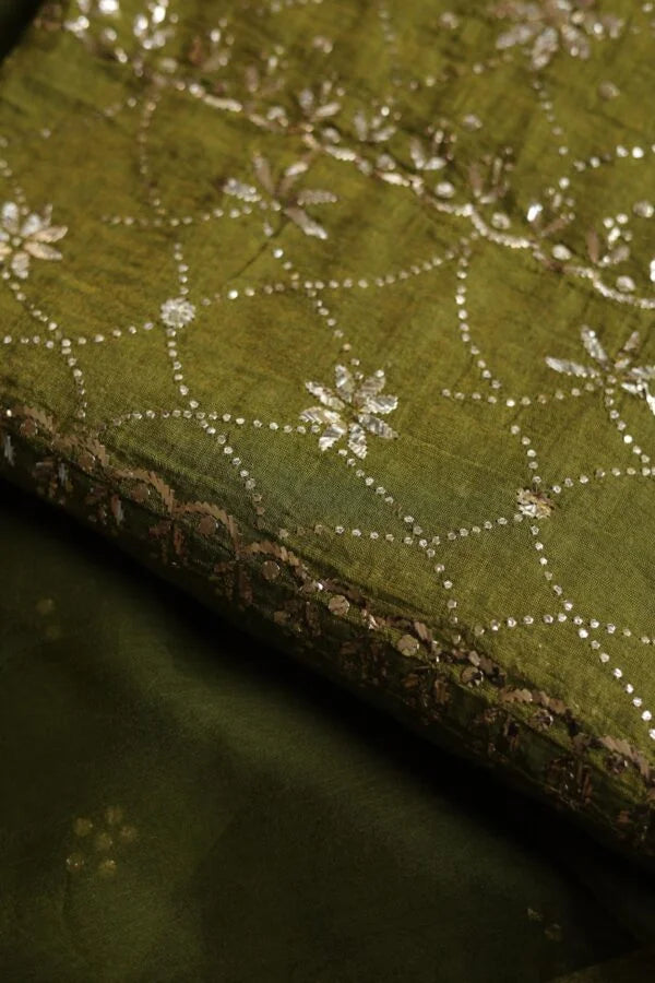 Mehndi Green Roheen Tissue Silk Chikankari Fabrics