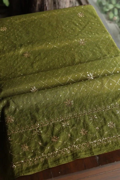 Mehndi Green Roheen Tissue Silk Chikankari Fabrics