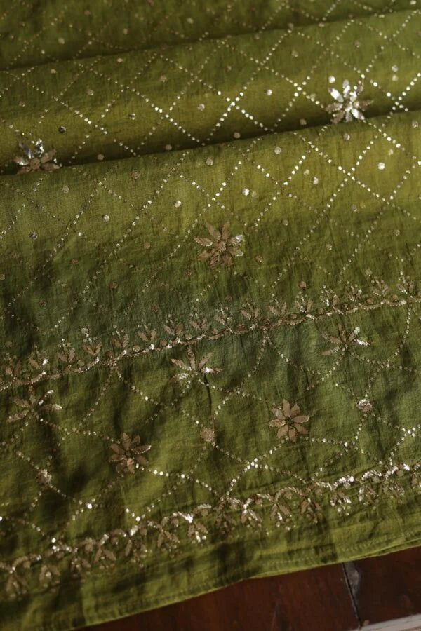 Mehndi Green Roheen Tissue Silk Chikankari Fabrics