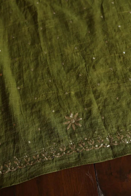 Mehndi Green Roheen Tissue Silk Chikankari Fabrics