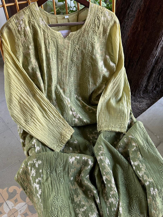 Mehndi Green Shade Zari Chanderi Chikankari Ready to Wear Tunics