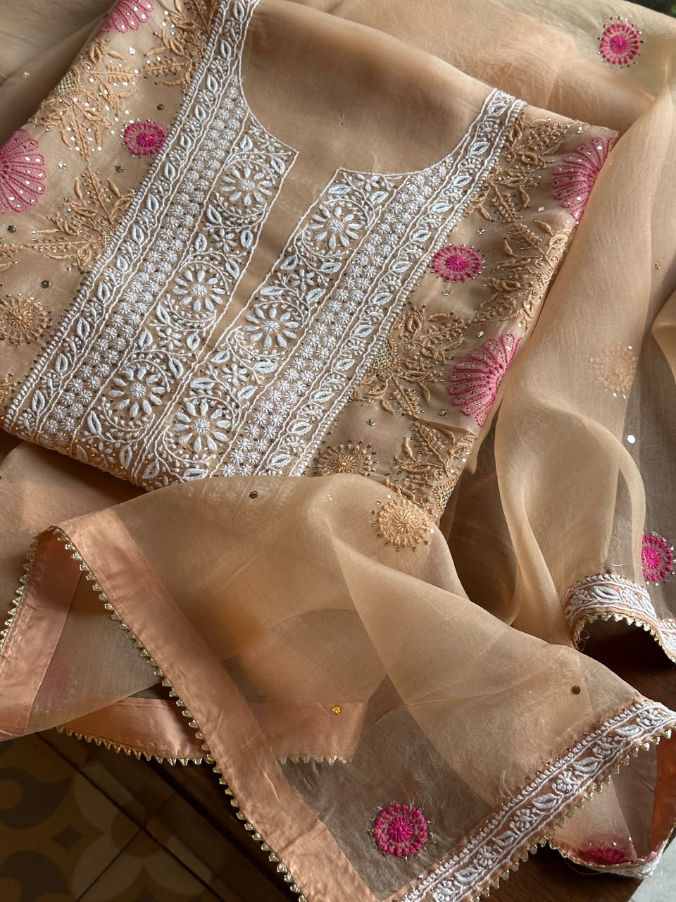 Melon Shade Noor Organza Silk Chikankari With Kamdani Fabric