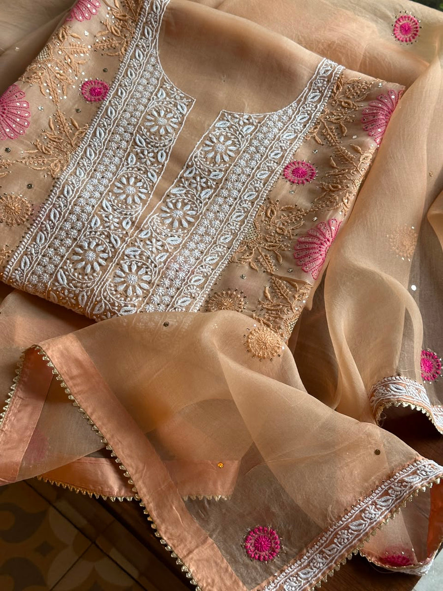 Melon Shade Noor Organza Silk Chikankari With Kamdani Fabric