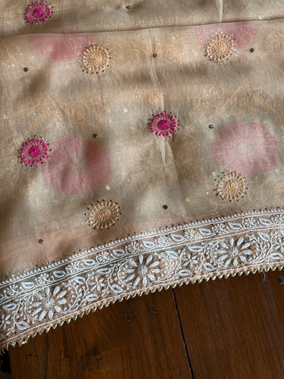Melon Shade Noor Organza Silk Chikankari With Kamdani Fabric