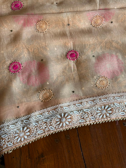 Melon Shade Noor Organza Silk Chikankari With Kamdani Fabric