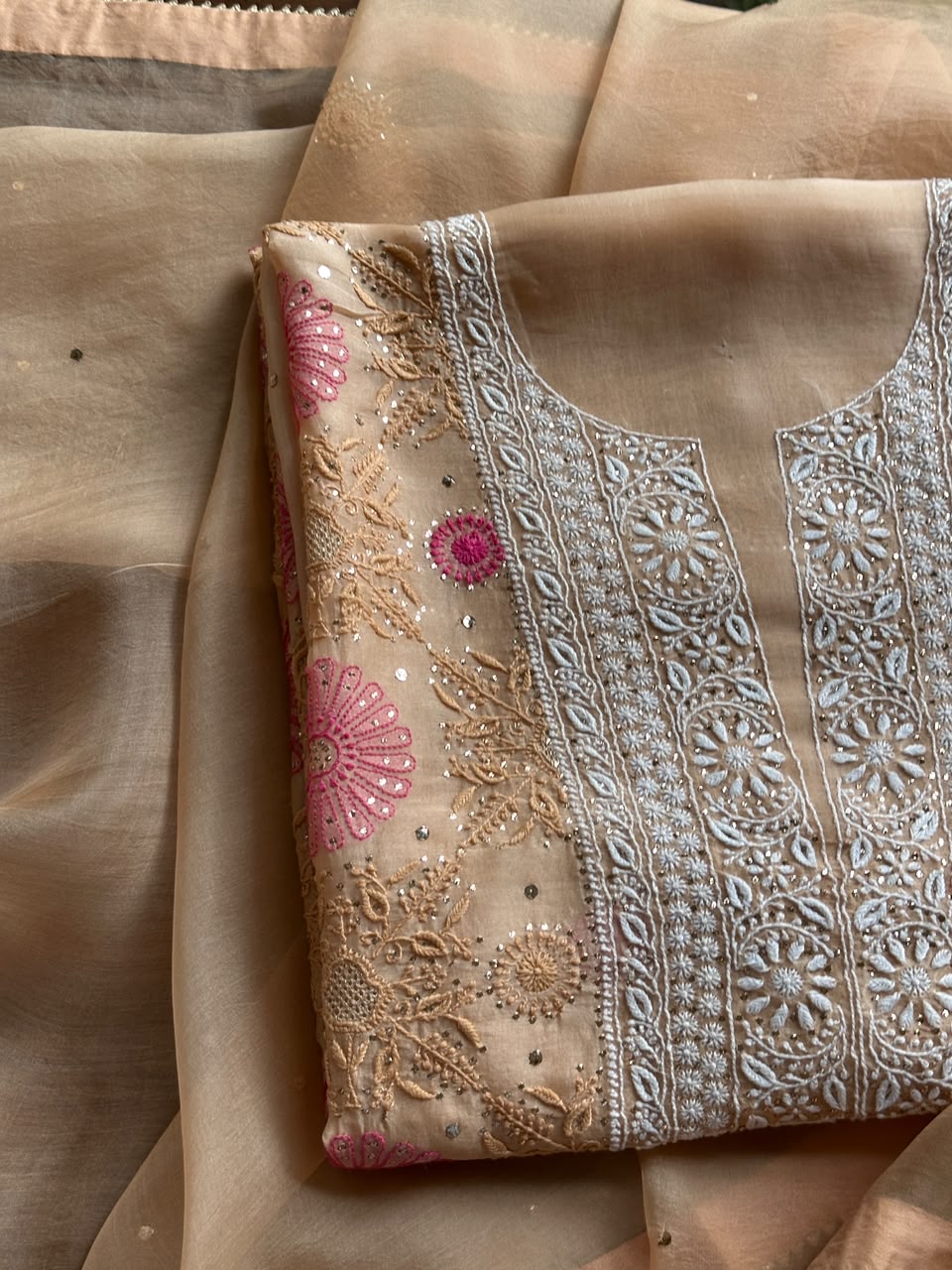 Melon Shade Noor Organza Silk Chikankari With Kamdani Fabric