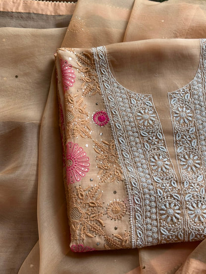 Melon Shade Noor Organza Silk Chikankari With Kamdani Fabric