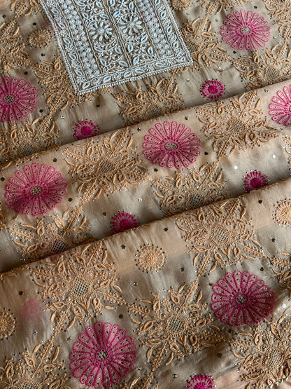 Melon Shade Noor Organza Silk Chikankari With Kamdani Fabric