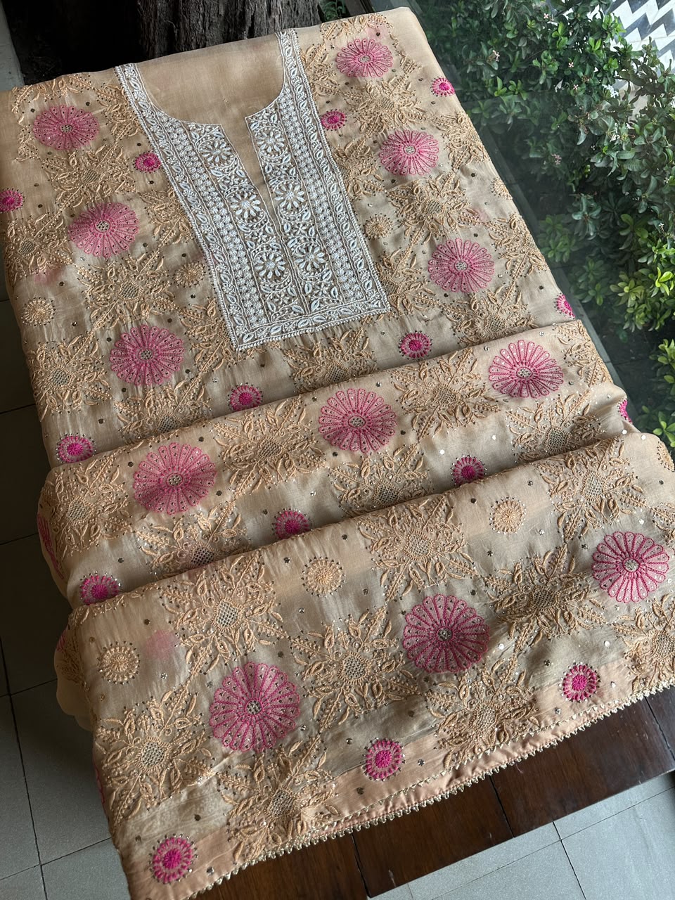 Melon Shade Noor Organza Silk Chikankari With Kamdani Fabric