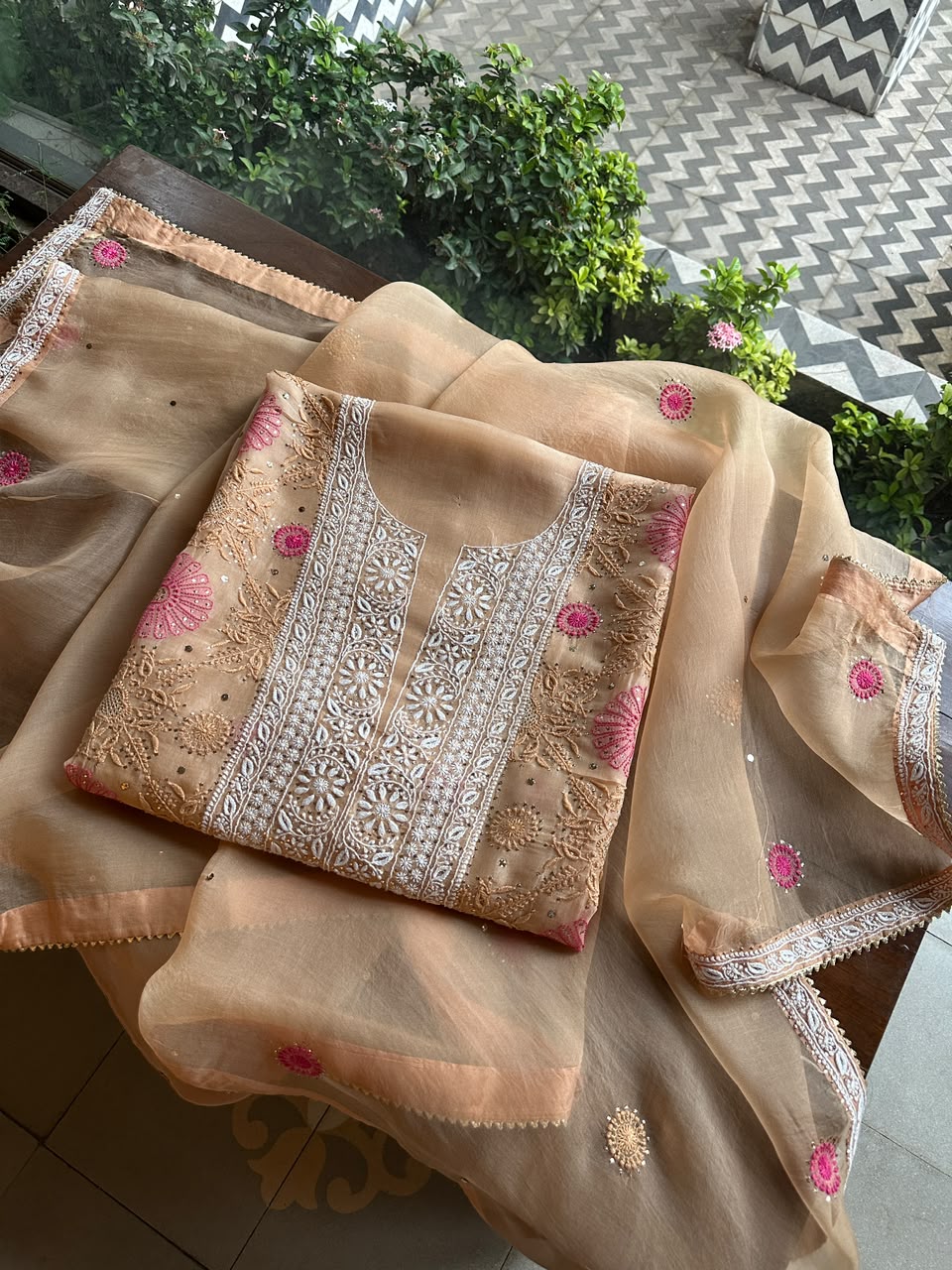 Melon Shade Noor Organza Silk Chikankari With Kamdani Fabric