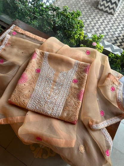 Melon Shade Noor Organza Silk Chikankari With Kamdani Fabric