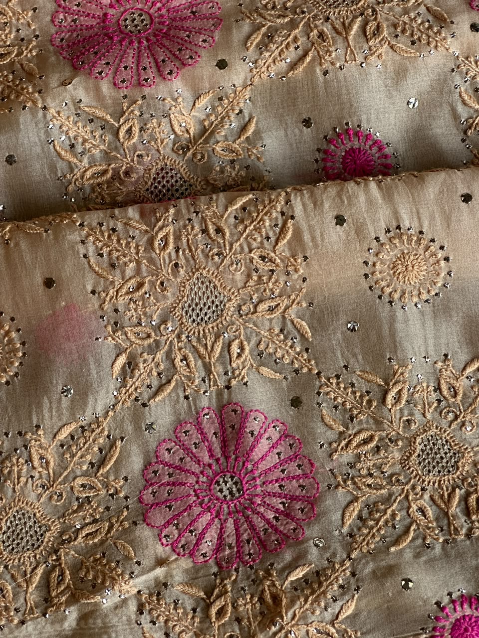 Melon Shade Noor Organza Silk Chikankari With Kamdani Fabric