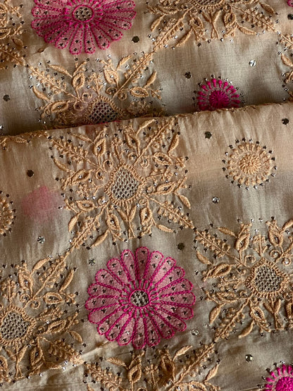 Melon Shade Noor Organza Silk Chikankari With Kamdani Fabric