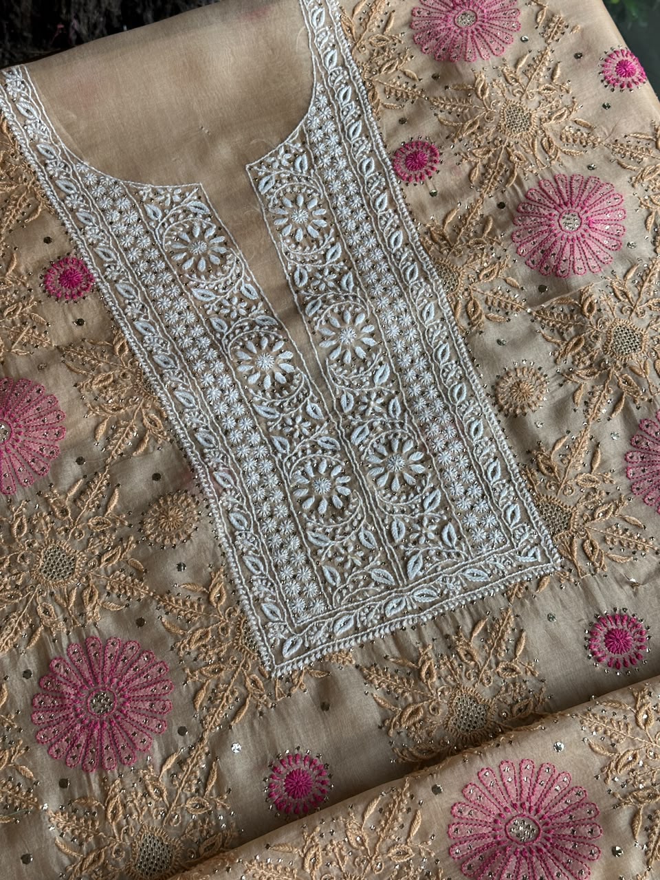 Melon Shade Noor Organza Silk Chikankari With Kamdani Fabric
