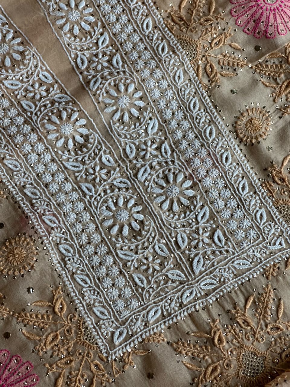 Melon Shade Noor Organza Silk Chikankari With Kamdani Fabric