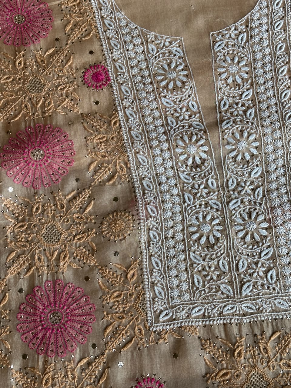Melon Shade Noor Organza Silk Chikankari With Kamdani Fabric