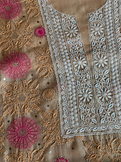 Melon Shade Noor Organza Silk Chikankari With Kamdani Fabric