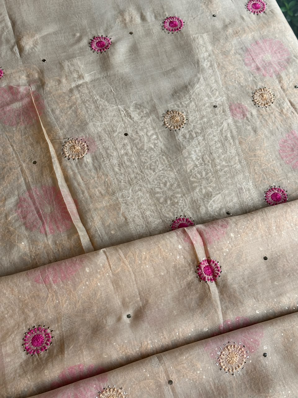 Melon Shade Noor Organza Silk Chikankari With Kamdani Fabric