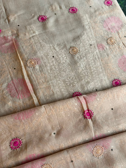 Melon Shade Noor Organza Silk Chikankari With Kamdani Fabric