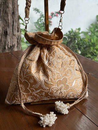 Melon Yellow Tussar Silk Chikankari Ari & Kasab Work Potli Bag