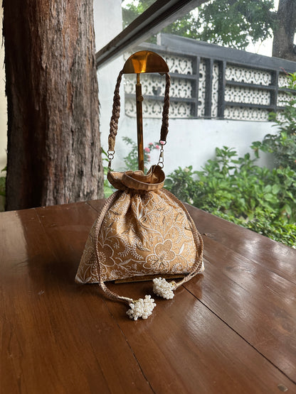 Melon Yellow Tussar Silk Chikankari Ari & Kasab Work Potli Bag