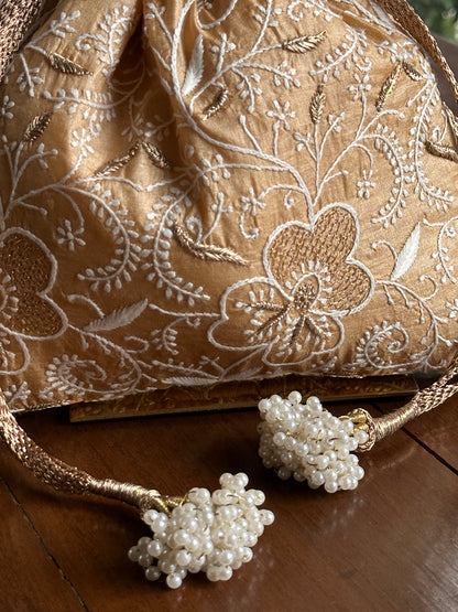 Melon Yellow Tussar Silk Chikankari Ari & Kasab Work Potli Bag
